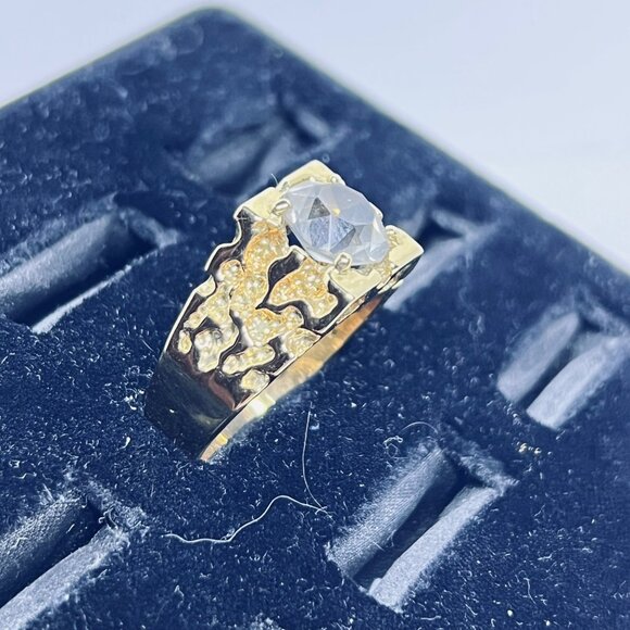 Vintage Gold Tone And Clear Rhinestone Men's Nugget Ring (R404) - Picture 2 of 9